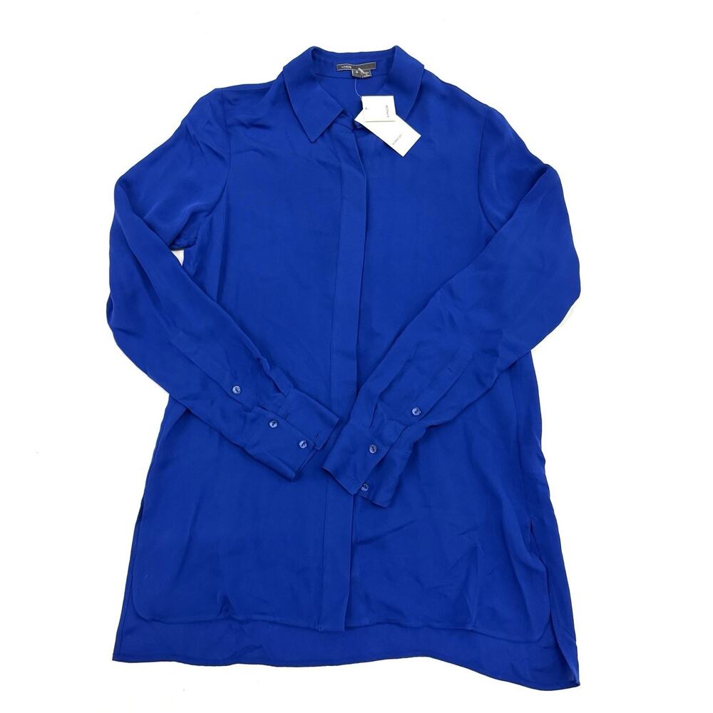 NWT $295 VINCE Royal Cobalt Blue 100% Silk Button Down Shirt Top Blouse Size 6